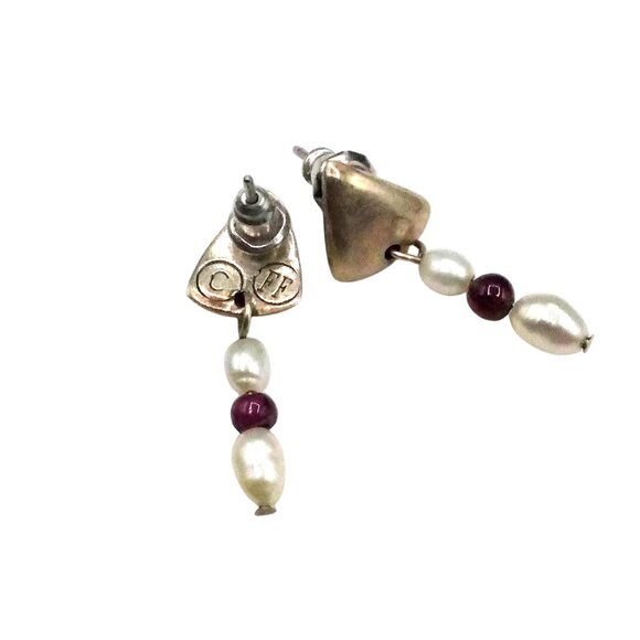 Vintage C FF Sterling Silver Drop Earrings with Rice Pearls and Garnet Beads - Picture 2 of 4
